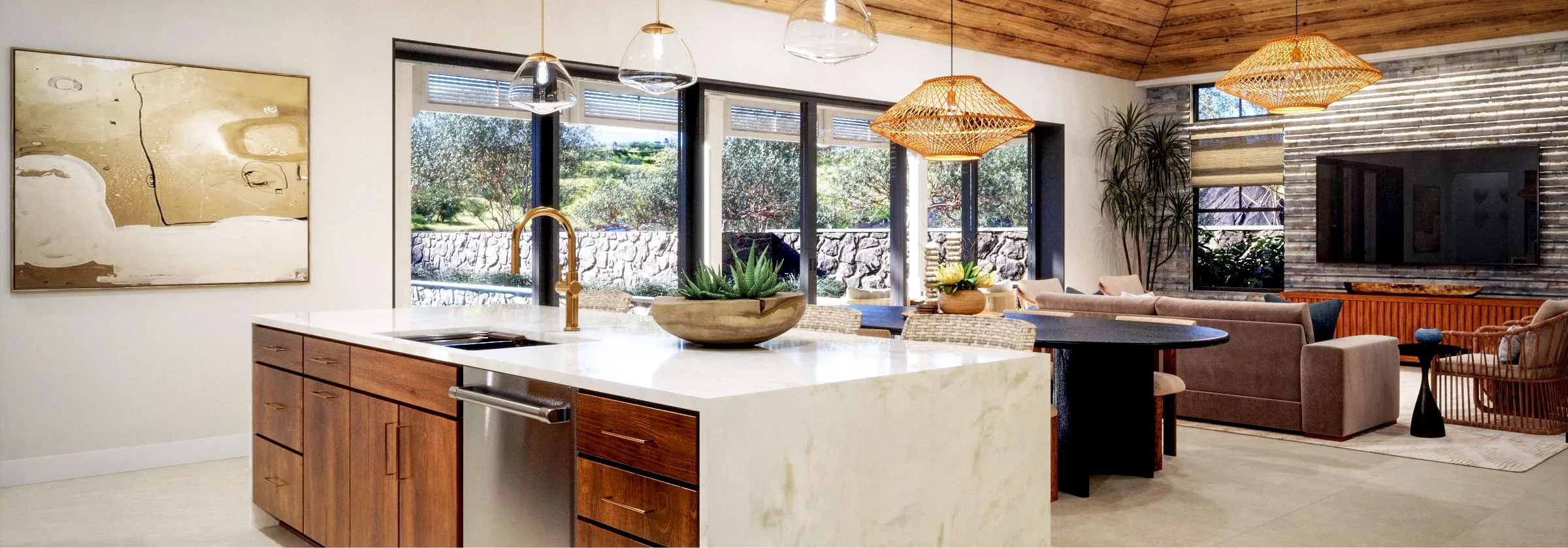Modern kitchen and living area with island, pendant lights, and large windows.