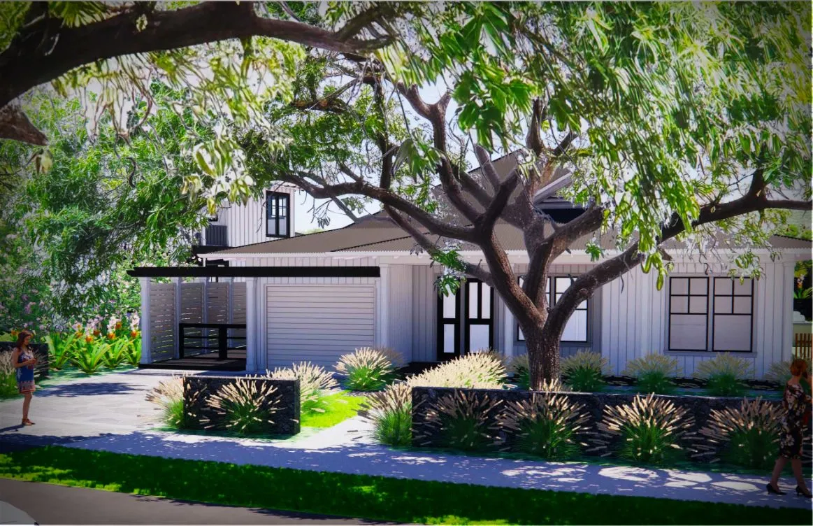 Modern house with trees and landscaped garden.