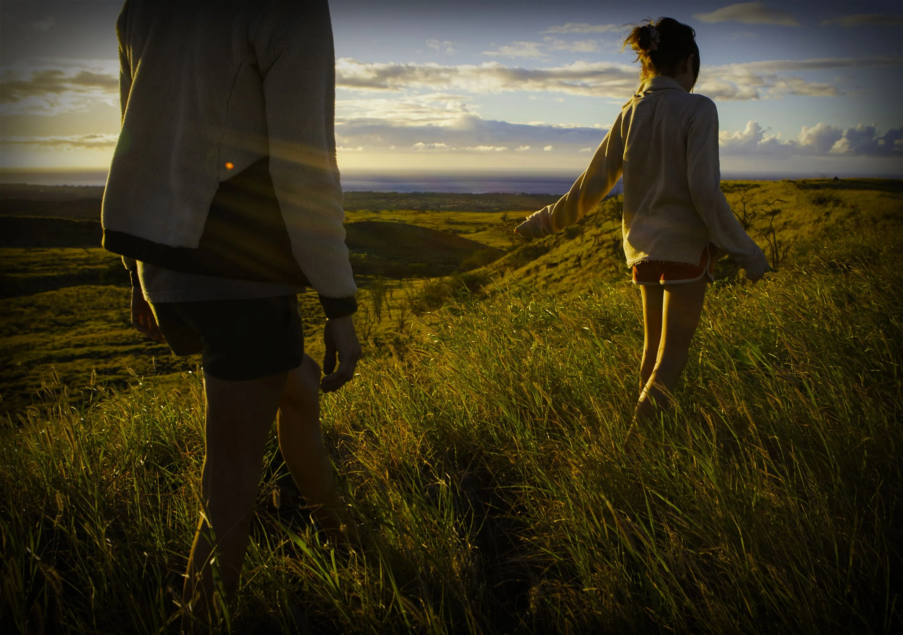 Two people walking through a grassy field at sunset.
