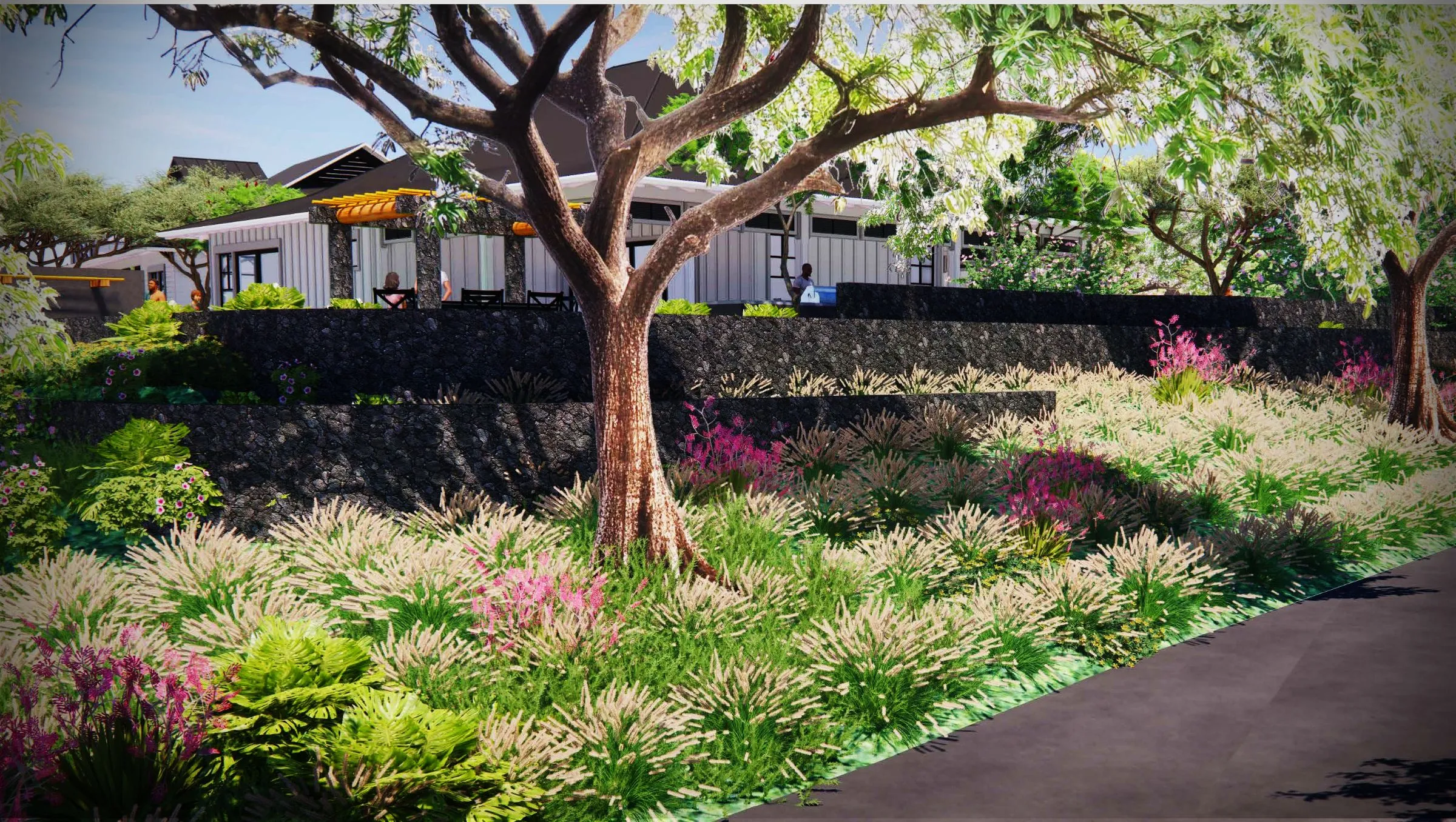 Lush garden with trees and flowers in front of a modern house.