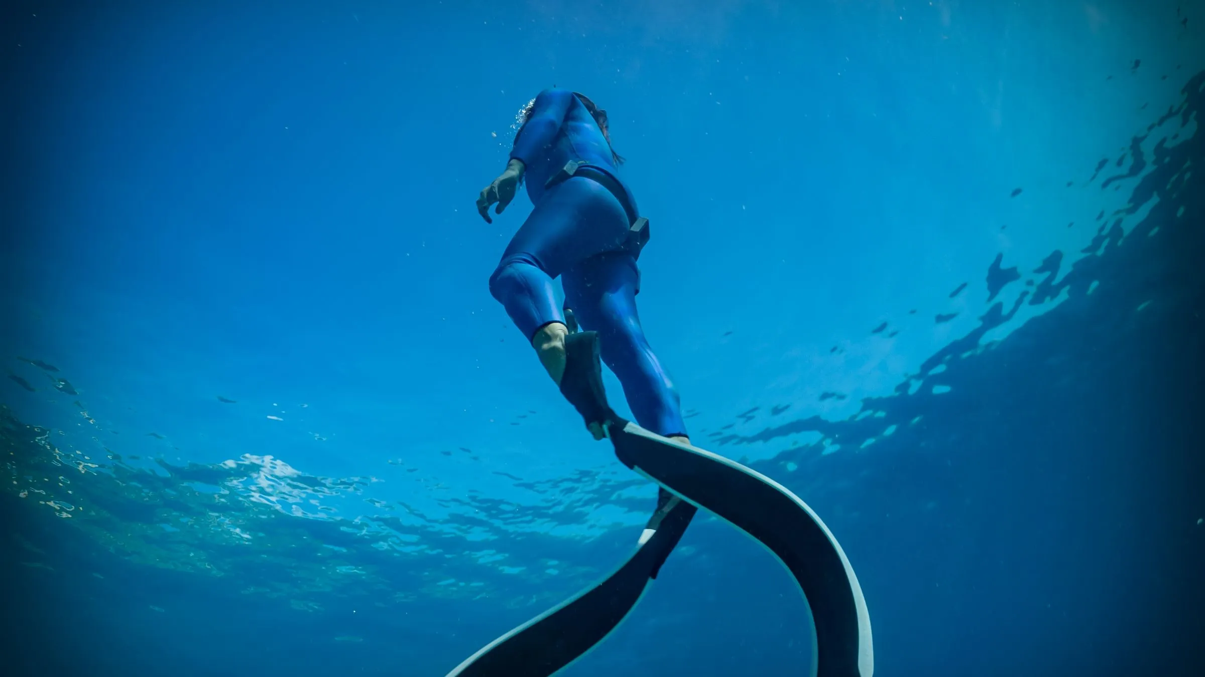 Diver in blue suit swimming underwater with long fins.