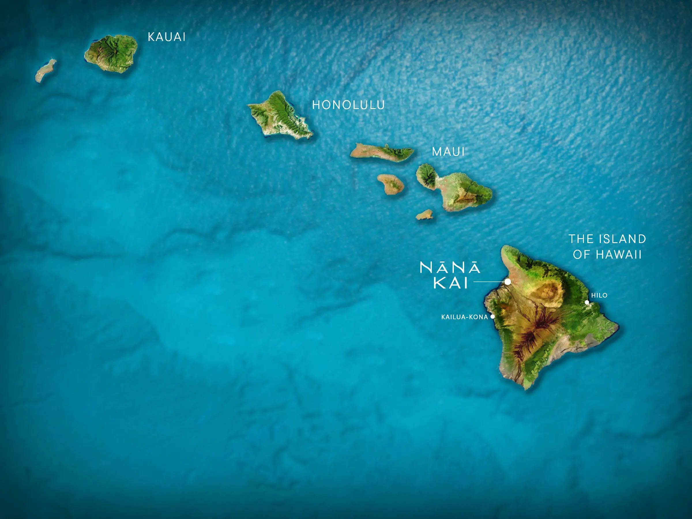Map of Hawaiian Islands, including Kauai, Honolulu, Maui, and the Island of Hawaii.